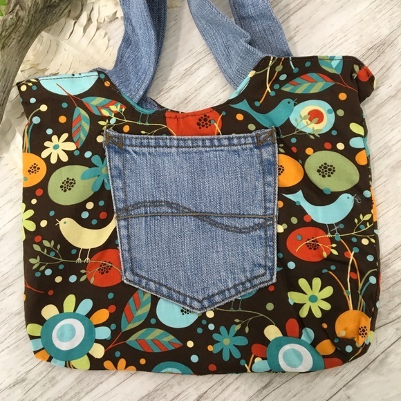 Whimsical Bird Brown Hand Bag Denim Jean Leaf Retro Print Handmade Sewn - Picture 1 of 8